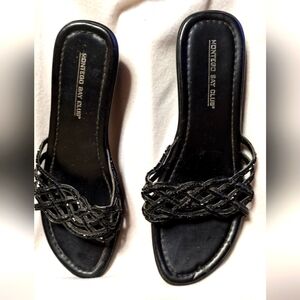 Montego Bay Club Black Shoes Beaded Slip On Wedge Sandal Low Heels Women Size 8
